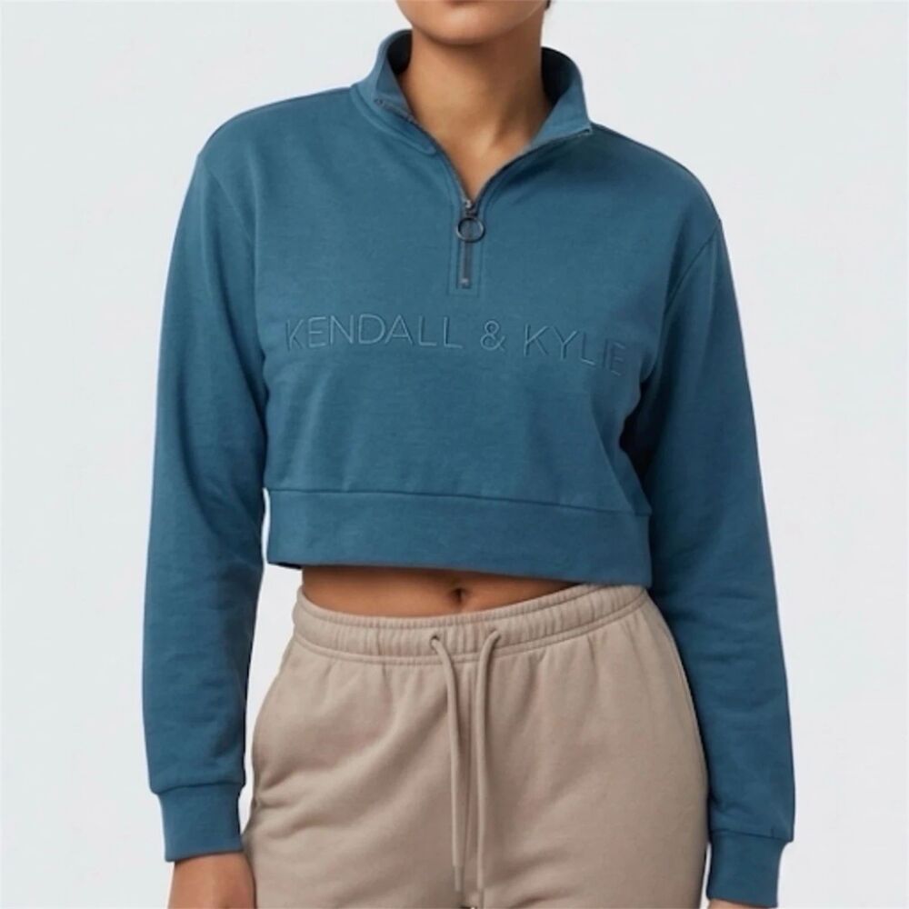 Kendall & Kylie Sweatshirt Womens XL Cropped zip Blue retro streetwear New